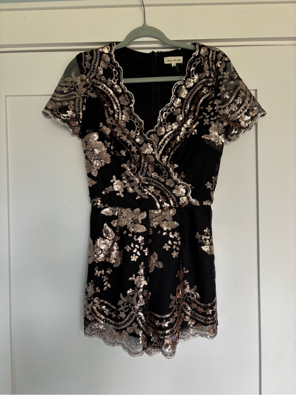 Sayfleur Fred Chus Black Rose Gold Sequin Romper Floral Playsuit M